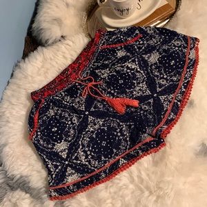 Beach shorts red white & blue. Batik print. Flowy raylon material. Wide leg.